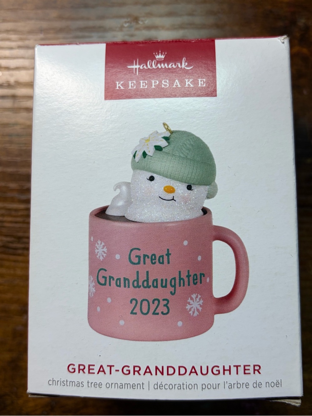 Hallmark Pink and Green Great-Granddaughter 2023 Snowman Mug Ornament